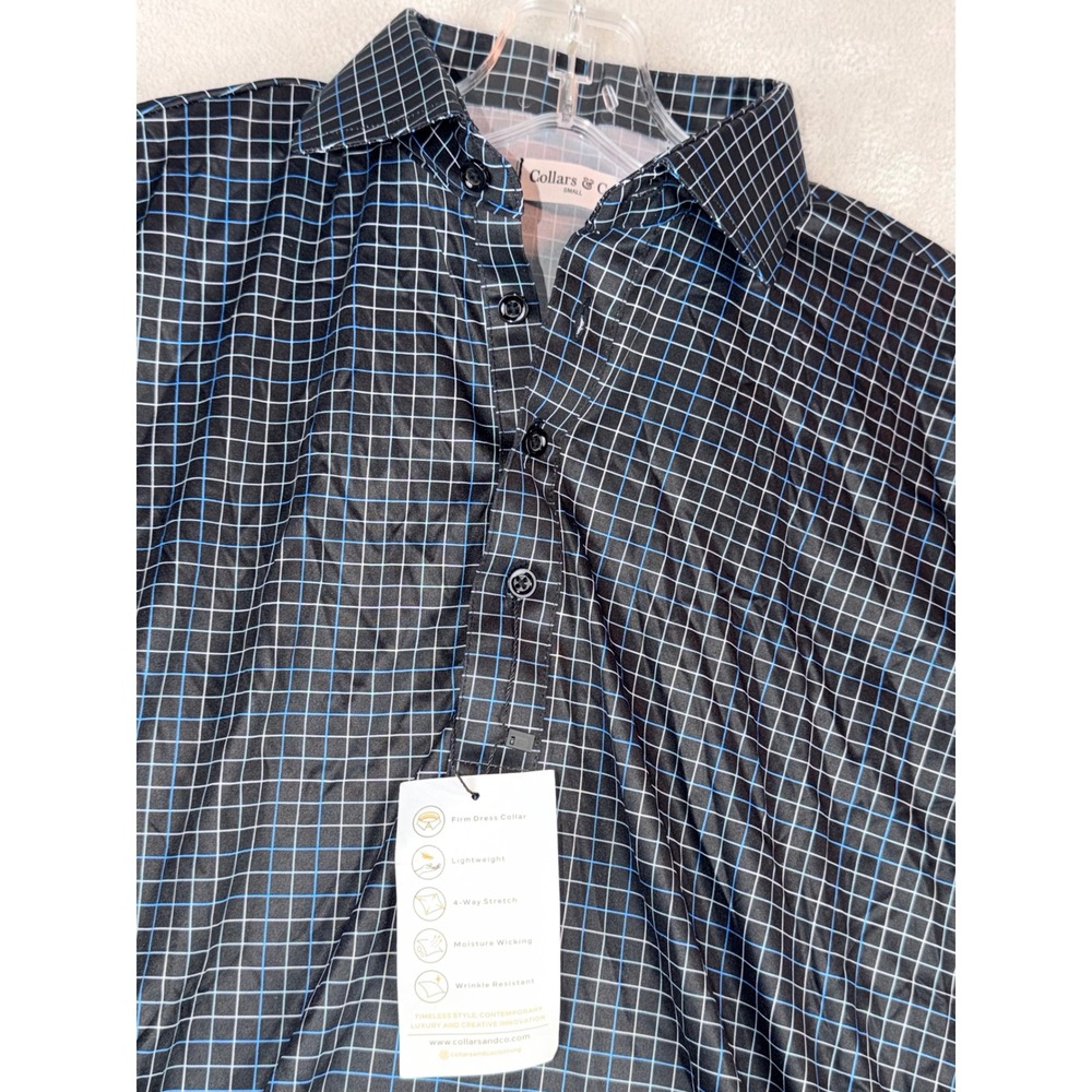 Collars‎ & Co Men's Small Black Grid Print Short Sleeve Performance Polo Shirt